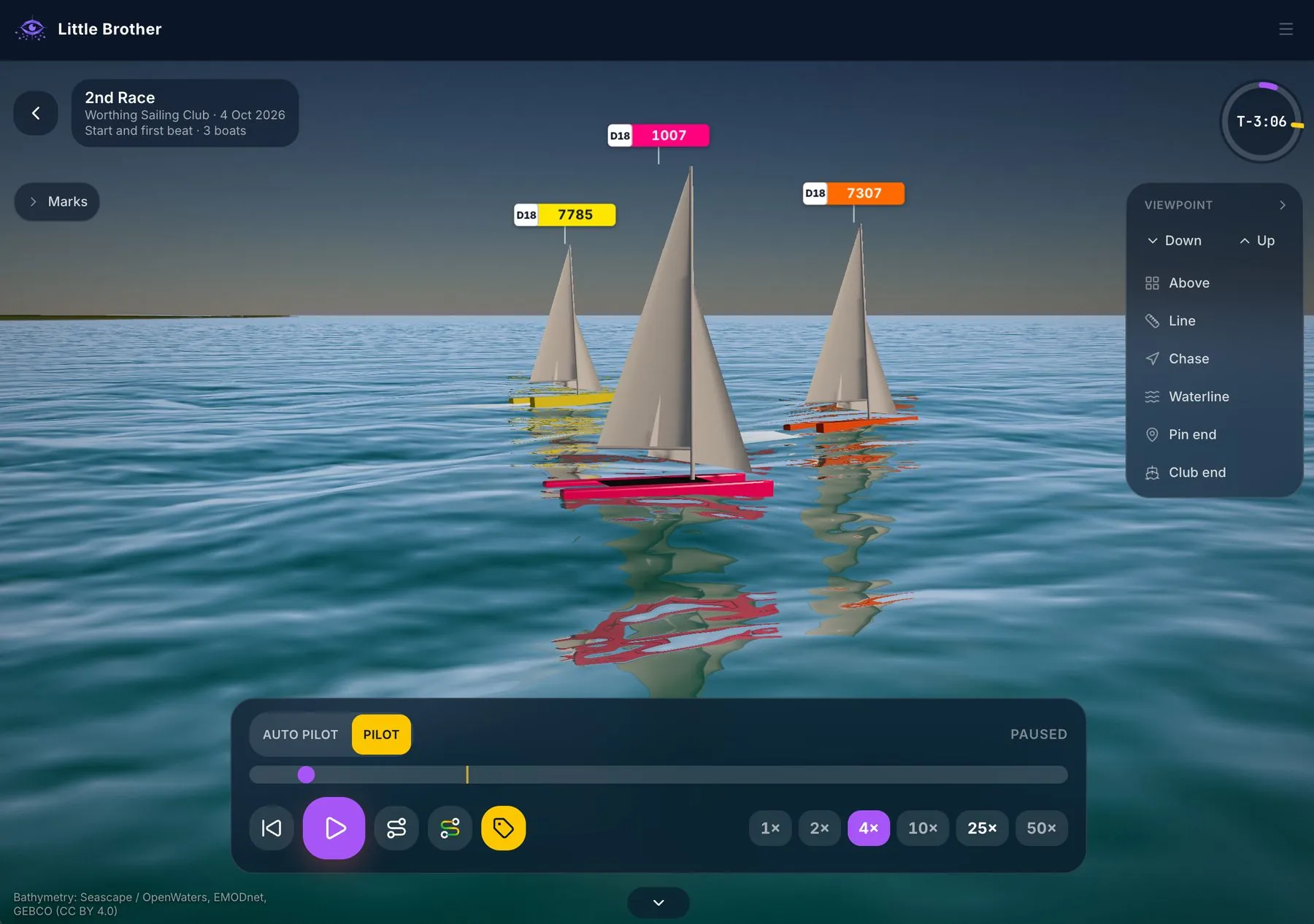 Little Brother 3D drone replay of three D18 catamarans racing, with viewpoint, autopilot and speed controls