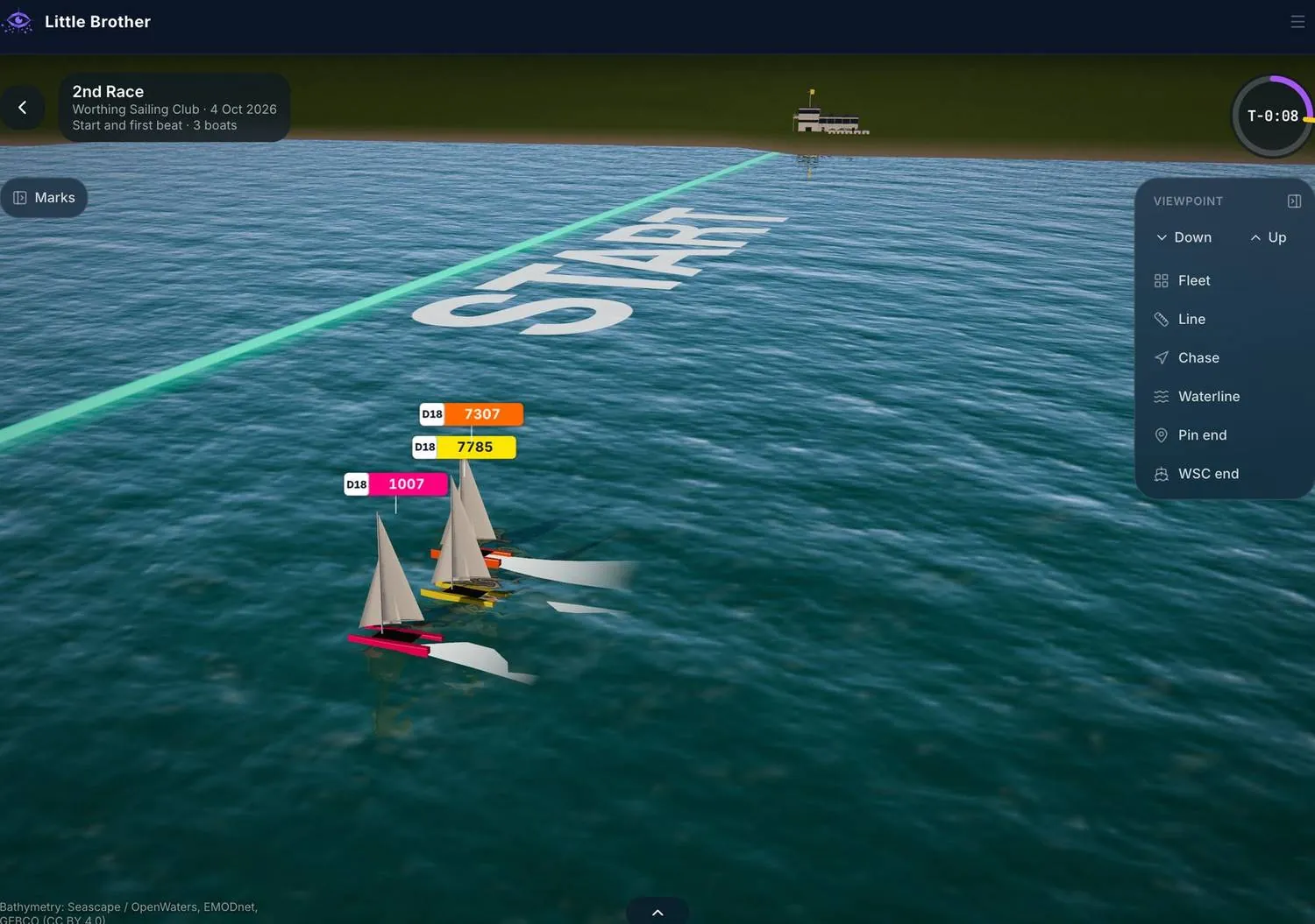 Little Brother 3D drone replay of the start line, three D18 catamarans approaching the START line with the countdown at T minus 8 seconds