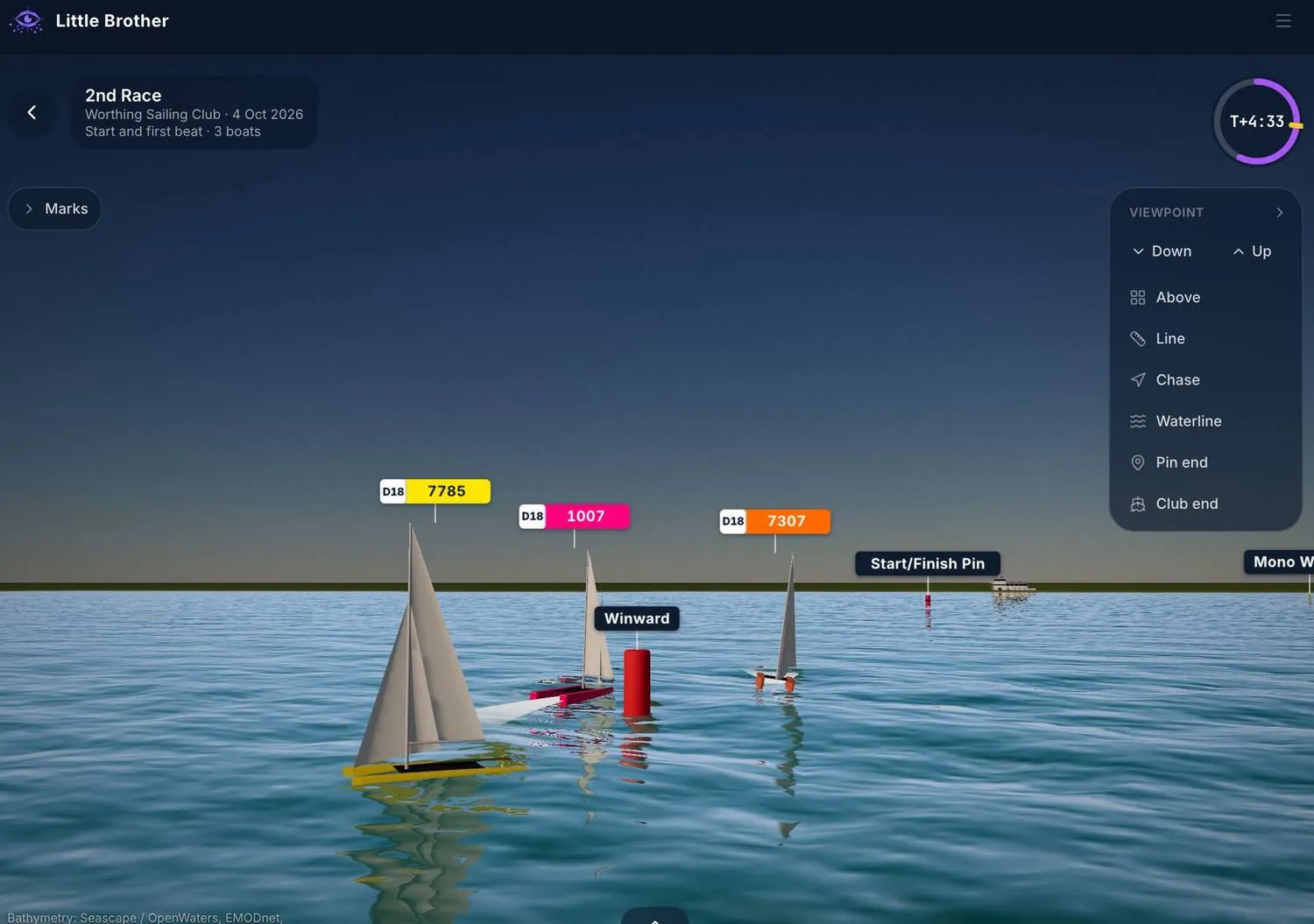 Little Brother 3D drone replay from the line, three D18 catamarans beating towards the windward mark